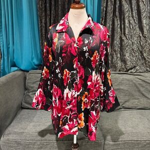 Jaclyn Smith Woman 2X Blouse Black Pink‎ Floral Pleated Button Front 3/4 Sleeve